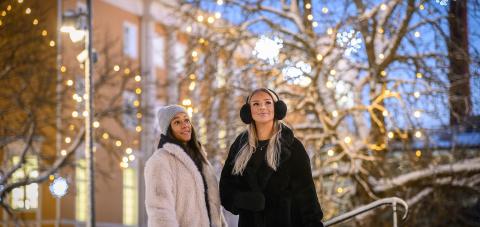 Kaksi ihmistä ihailemassa valaisuja Kirjastonpuistossa.