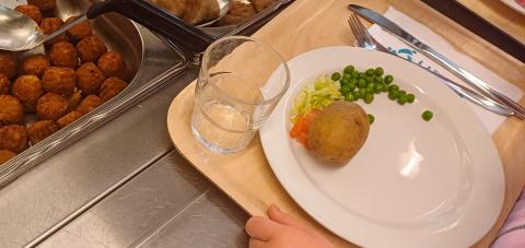 Pastellivärein liukuvärjättyyn huppariin pukeutunut lapsi on ottamassa lihapullia lautaselleen linjastossa.