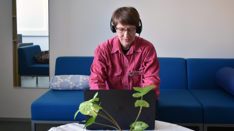 Henkilö istuu sohvalla tietokoneen ääressä kuulokkeet päässään.