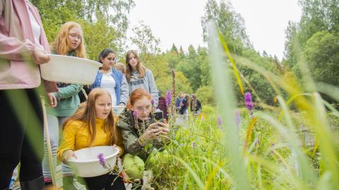 A group of young students outside studying nature.