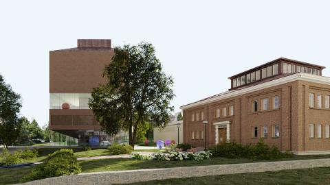 Valokuvassa etualalla vanha taidemuseorakennus ja taustalla havainne uuden suunnitelman mukaisesta rakennuksesta.