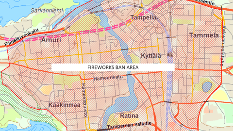 Map of fireworks ban area in Tampere city center.