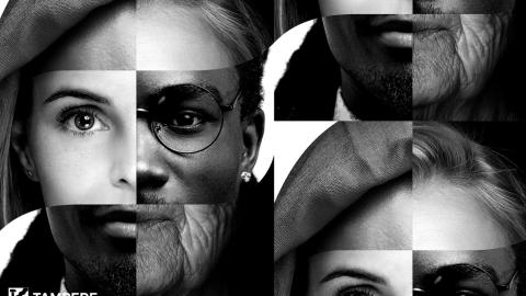 Rasisminvastaisen viikon kampanjailmeen mukainen mustavalkokuva kasvoista mosaiikkina.