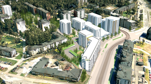 Asemakaavaluonnosten 8556 ja 8939 mukaiset rakennukset esitettynä nykyisten olemassaolevien rakennusten joukossa.