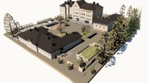 Havainnekuvassa Aleksanterin koulun rakennuksia ja pihapiiriä.