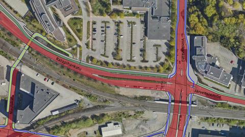 Viinikankadun, Ratapihankadun ja Järvensivuntien risteys kartalla