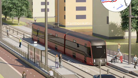 Havainnekuva Härmälänrannan raitiotiepysäkistä Nuolialantiellä.