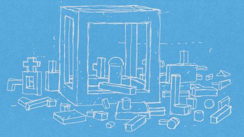 Sinivalkoisessa grafiikan vedoksessa on erilaisia kantikkaita ja pyöreitä palikoita.