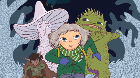 Piirroskuva, jossa etualalla juoksee tyttö, taka-alalla satuhahmoja. Piirroshahmojen yläpuolella teksti Loputon talvi.