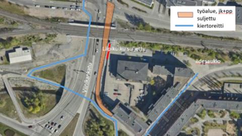 Viinikankadun sulku- ja kiertoreitti kartalla sillan kohdilla