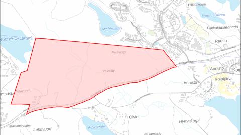 Kartta, jossa rajattu alue merkitty vaaleanpunaisella.