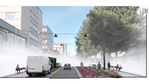 Kuvassa pyöräilijöitä ja kävelijöitä vasemmalla, autoja oikealla kadulla ja pysäkoitynä.