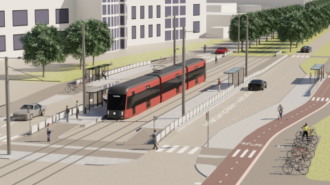 Havainnekuva ratikasta Hatanpään puiston kohdalla, etelän suuntaan