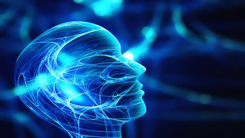 Futuristinen kuva ihmishahmosta ja ajatussäikeistä