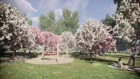 Kukkivia puita ja ihmisiä Järvensivunpuistossa.