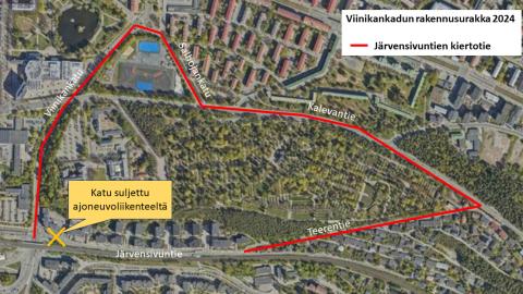 Kiertoreitti "Viinikankatu-Salhojankatu-Kalevantie -Teerentie" kartalla.