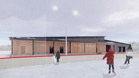 Arkkitehdin havainnekuva suunnitelma Kalevan liikuntapuiston puuverhoillusta huoltorakennuksesta, kuvan näkymä jääkiekkokaukalon suunnasta ja edustalla luistelijoita jäällä..