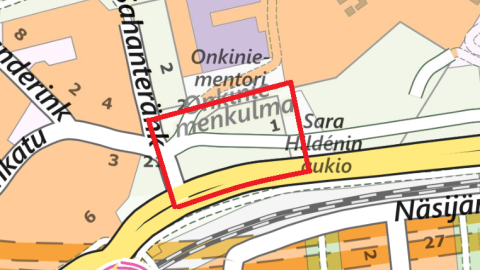 Onkiniemenkulman johtosiirtojen urakka kartalla Sahateränkadun ja Onkiniemenkadun kulmauksessa.