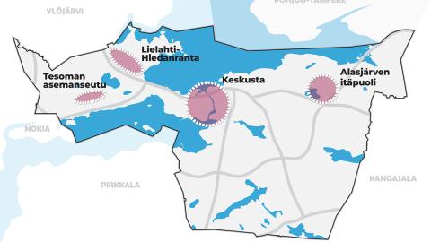 Yleiskaava osa-alueineen pelkistetyllä kartalla