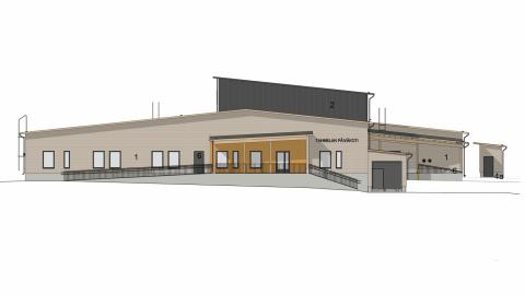 Arkkitehdin suunitelmakuva Tahmelan päiväkodista, joka tulee olemaan pääosin vaaleaksi maalattua puuta. 