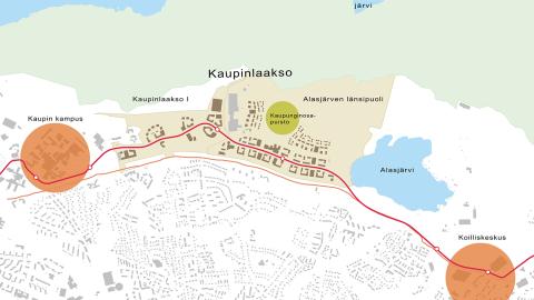 Kartalla kaavahankkeen sijainti, raitiotie ja Linnainmaan ja Kaupin keskukset.