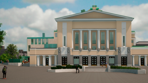 Havainnekuvassa on Tampereen teatterin rakennus Keskustorin suunnasta katsottuna. Rakennuksen vasemmalle, eli pohjoiselle puolelle on hahmoteltu laajennusosaa ja siihen liittyvää terassia.