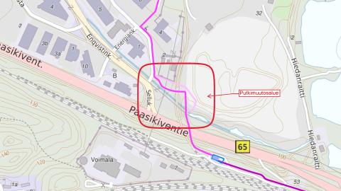 Hiedanrannan putkityön alue kartalla.