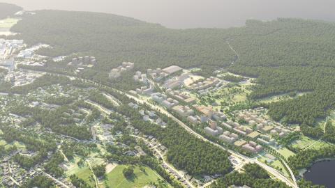 The image shows apartments between forested areas. Illustration of the new area north of Teiskontie road.
