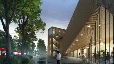 Havainnekuvassa uimahallin julkisivua. 