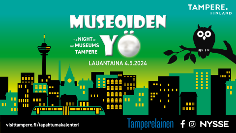 Vihreällä taustalla vihreitä ja mustia rakennuksia, joiden ikkunoissa on valot. Edessä puunoksalla istuu pöllö. Teksti Museoiden yö ylhäällä keskellä.