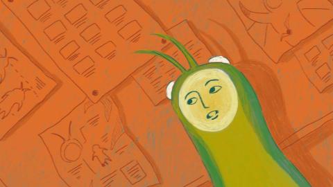 Animoitu vihreä olento oranssilla taustalla.