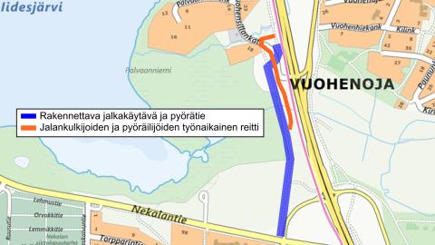 Vuohenpellon kävely- ja pyörätien väylätyö kartalla.