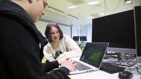 Kaksi nuorta kannettavan tietokoneen äärellä.