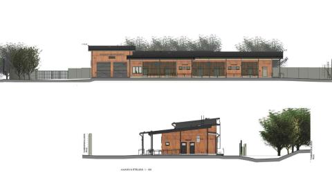 Havainnekuvassa suunnitelmapiirrokset Lielahden liikuntapuiston huoltorakennuksesta, josta tulee punaruskea yksikerroksinen rakennus.