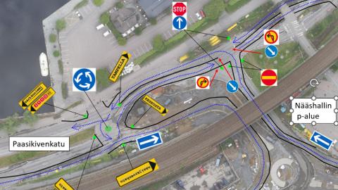 Mustanlahden alueen liikennejärjestelyt kartalla kesällä 2024