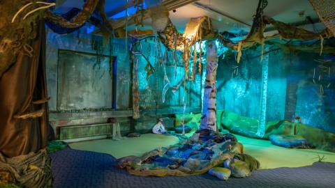 Sinivihreä tila, jonka keskellä koivun runko, seinän vierustalla penkkejä.