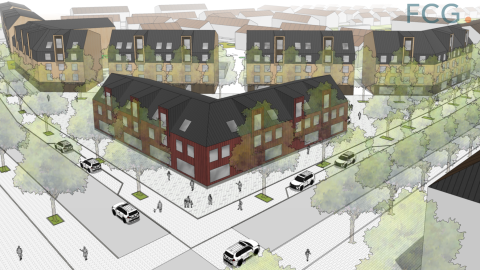 Havainnekuva rakennuksesta, jonka edessä on katujen risteys.