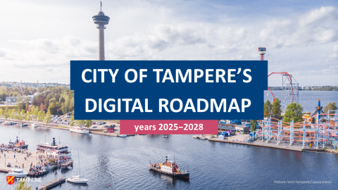 A drone image of the Särkänniemi area: cruise ships in front, Näsinneula and amusement park facilities behind.