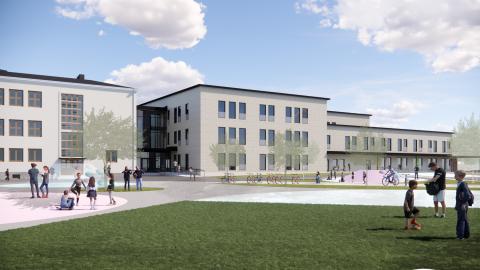 Havainnekuvassa kaksi koulurakennusta.