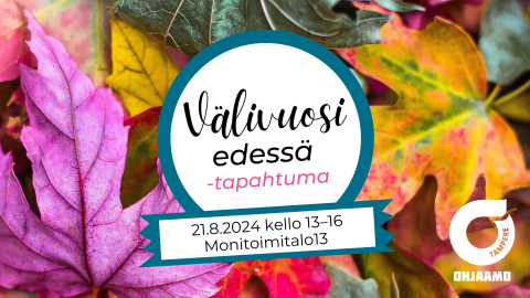 Syksyn värikkäät lehdet. Välivuosi edessä -tapahtuman logo. Ohjaamo Tampereen logo.