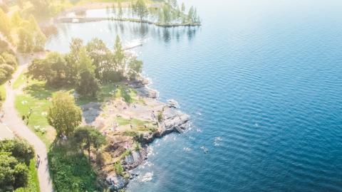 Aurinkoinen järvenrantamaisema ylhäältä päin kuvattuna.