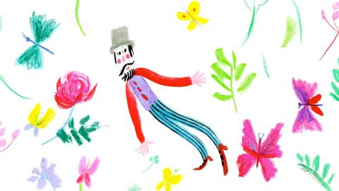 Kuvan keskellä on värikäs ja pitkä piirroshahmo ja reunoilla piirrettyjä kukkasia ja perhosia.