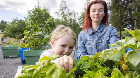 Anna Pyökkilehto and her daughter by the garden box