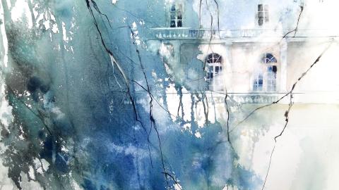 Akvarellimaalauksessa näkyy taustalla haaleana ikkunoita, joita peittää sinivihreä väri.