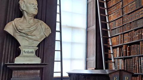 Kirjastorakennus, jonka toisella seinällä on runsaasti kirjoja ja vasemmalla patsas.