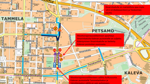 Karttakuva Tampereen Tammelasta, jossa punaisia korostuksia.