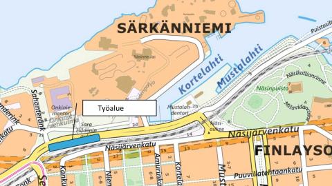 Paasikivenkadun puunkaatotyö kartalla.