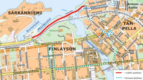 Paasikivenkadun sulku Mustanlahden ja Ranta-Tampella kartalla.