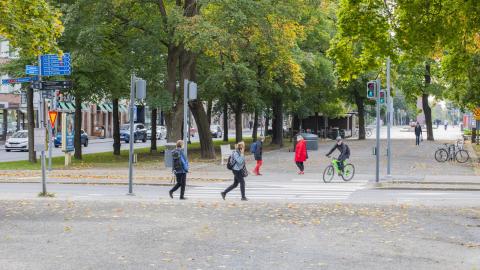 Walkers and cyclists in Hämeenpuisto.