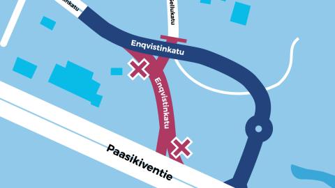 Enqvistinkadun ja Paasikiventien uusi liittymä kartalla.